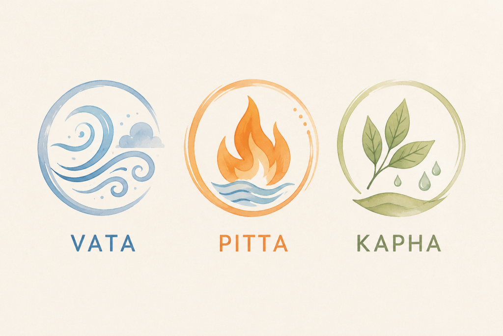 Illustration des trois doshas ayurvédiques Vata, Pitta et Kapha représentant les principales énergies de l'Ayurveda.